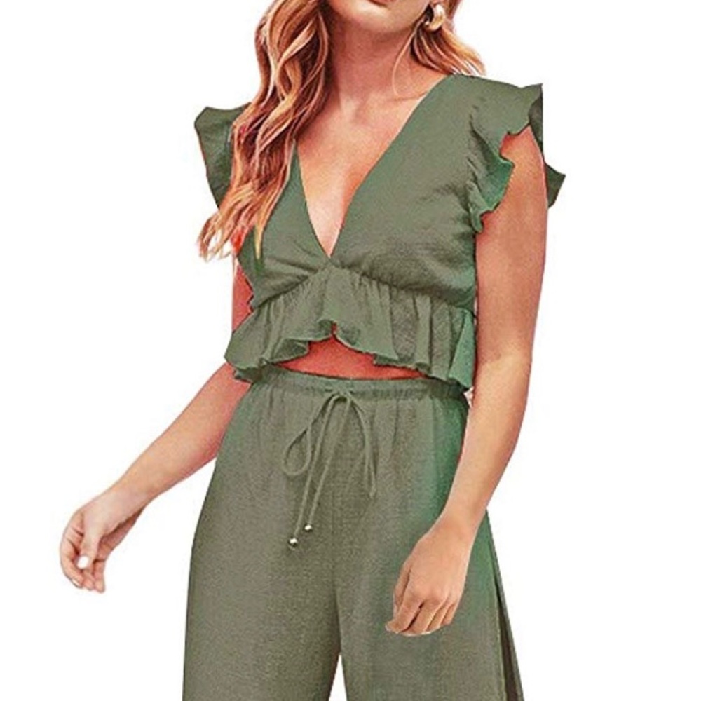 Olive Green Ruffled Crop Top